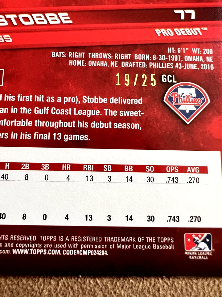 Cole Stobbe 2017 Topps Debut Orange Rookie #77 /25 Numbered Parallel Phillies RC - Image 3 of 3