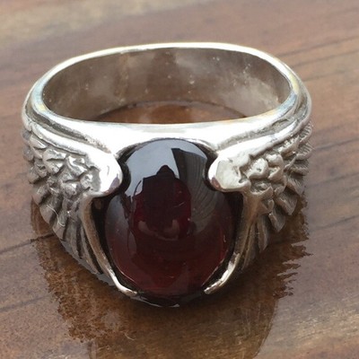 Großer Adlerflügel Ring massiv 0,925 Sterlingsilber Gr. 10 natürlicher Granat Edelstein USA