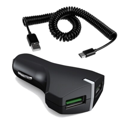 36W Fast Car Charger 2-Port USB-C Coiled Cable Type-C Cord for Phones Tablets