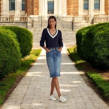 Vintage OLD NAVY Blue Denim Pencil Skirt Low Waist Below Knee Sz 6