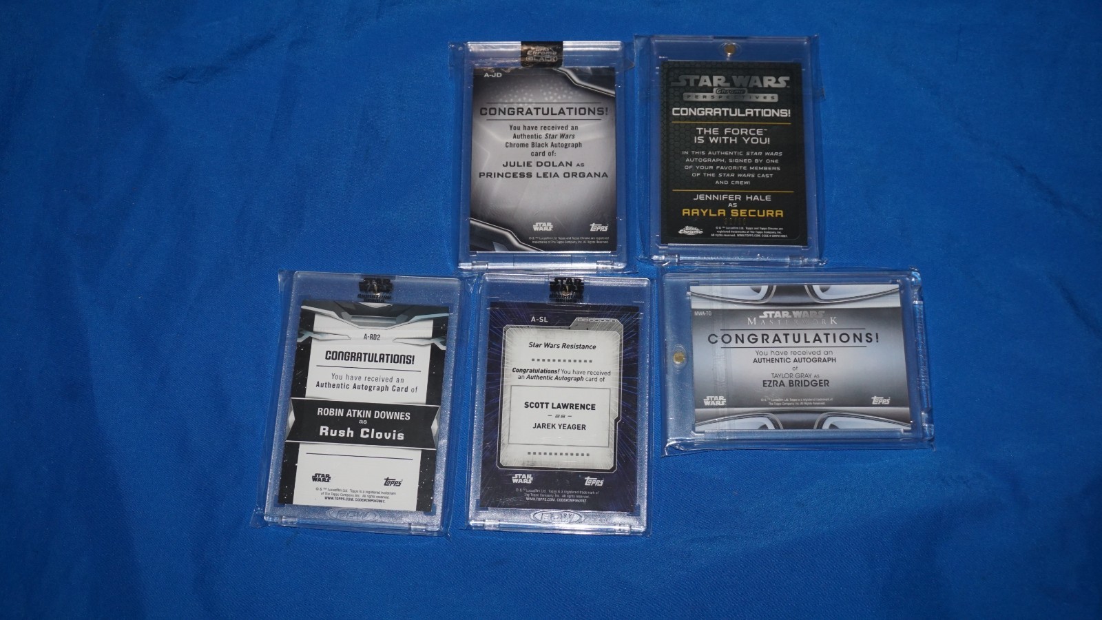 5 Lot Topps Star Wars Signed Cards Leia , Aayla Secura 32/50, Ezra, Rush, Yeager view 3