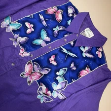 The Quacker Factory Corduroy Purple Rhinestone Butterfly Dragonfly Shirt 2X