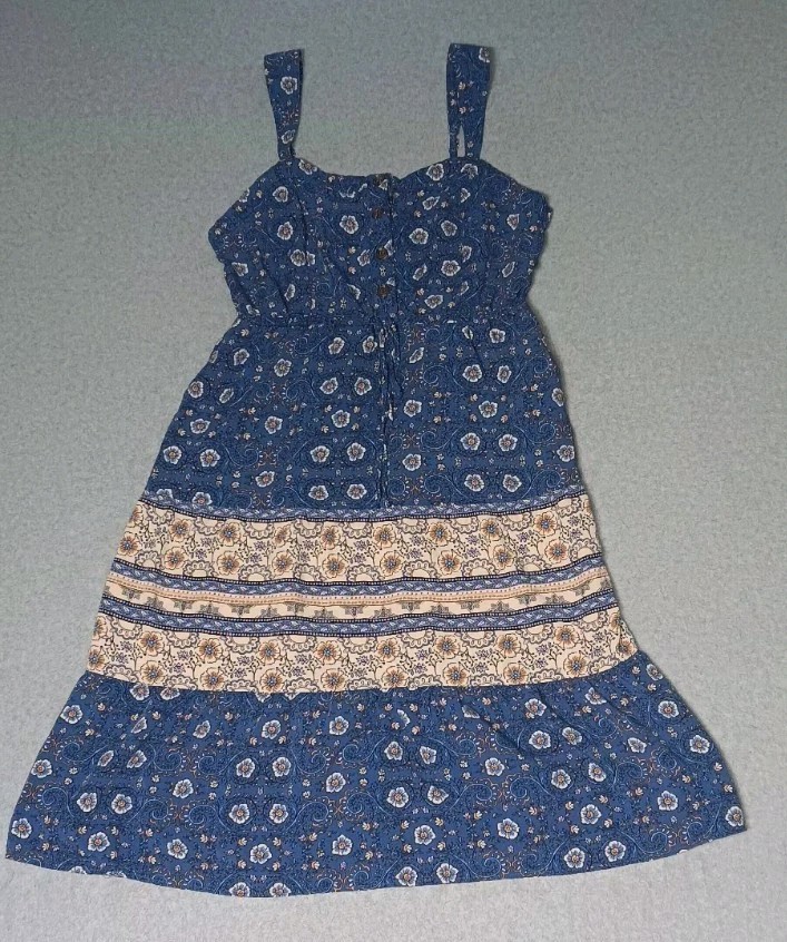 Lucky Brand Apron Style Dress Womens Size XL Blue Floral Button And Tie Waist...