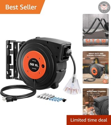 Versatile 50FT Retractable Cord Reel with Built-in Circuit Breaker and Safety