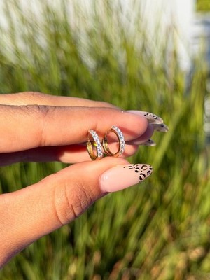 14k Yellow Gold Women's Hoop Huggie Earrings For Birthday 100% Natural Diamond