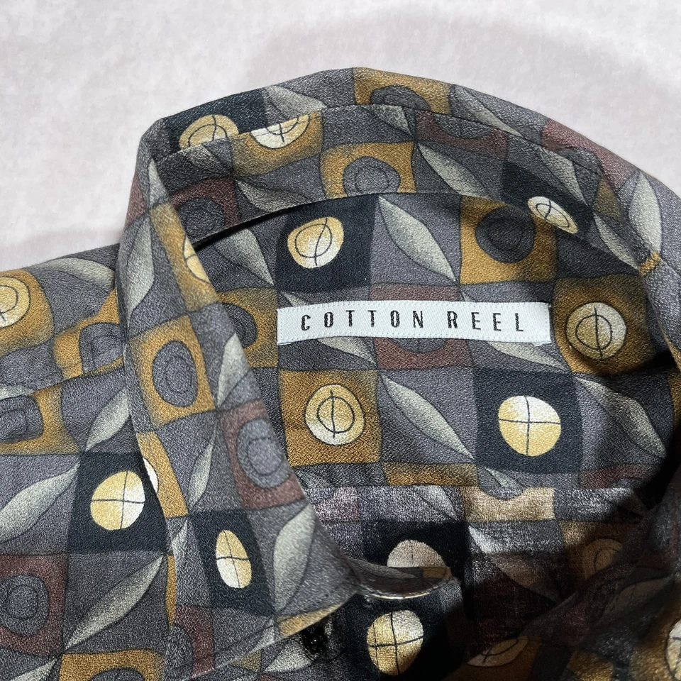 Camisa retro de carrete de algodón con estampado geométrico mediano manga larga abotonada Foto 2 de 4