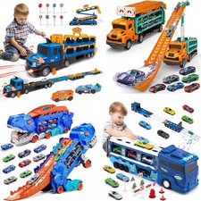 Kids Cars Transport Truck Toy w/MIni Car Race Track Multi-Level Storage Play Set