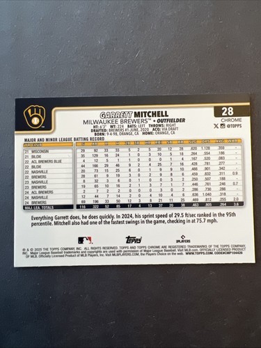 2025 Topps Chrome Sepia Refractor No.28 Garrett Mitchell Brewers - Picture 3 of 3