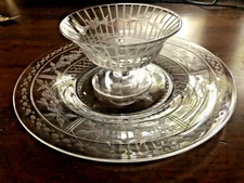 18th C Georgian Etched Crystal Compote Plate Set floral vertical panels Formal