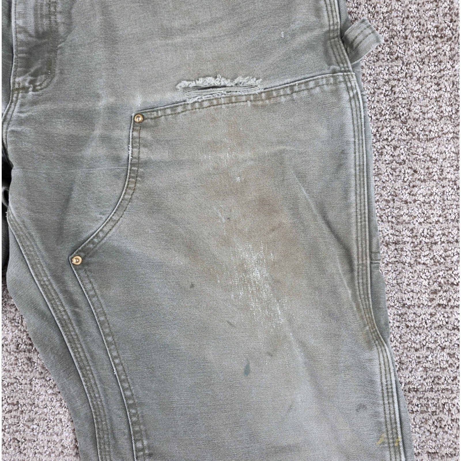 Carhartt B01 Mos Moss Green Double Knees Mens Pants Carpenter Canvas Distressed thumbnail 5