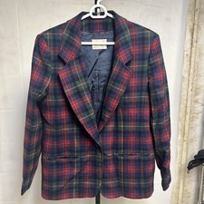 Vintage Pendelton Women's Red Green Plaid Blazer 100 Virgin Wool Size 14 USA Y7