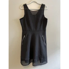 NWT $129 DKNY Size L Black Sleeveless Fit n Flare Dress Mesh Shoulders Hem