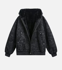 Fur Zip Up Hoodie Crop Y2K Grunge Goth Zip Up Hoodie Lined With Soft Fur Size XL