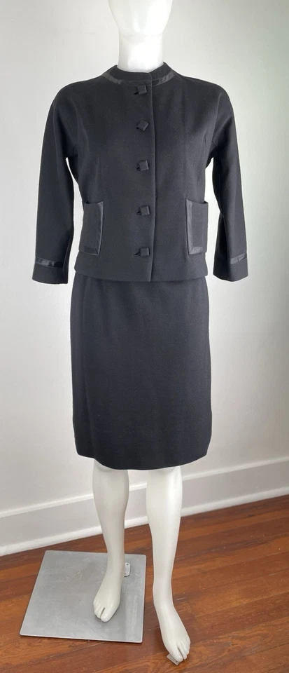 Conjunto Falda Jackie O Años 60 De Colección Negro Lana Tejida Clásica Borde Satinado Talla 10 Foto 2 de 4