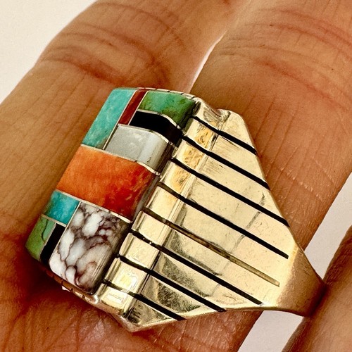 Anillo Turquesa Multi Piedra Incrustación Para Hombre Talla 12.5 Navajo Esterlina Firmado T Jack 21mm - Imagen 5 de 8