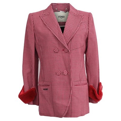 Fendi Double-Breasted Plaid Fur-Trimmed Blazer In  Wool Women Red Size 40