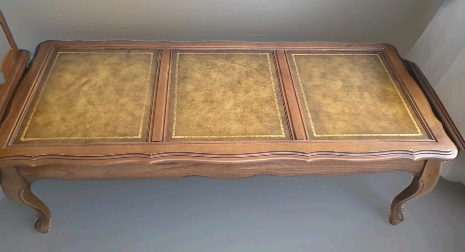 Vintage Coffee and End Table Set Leather Top Henredon Chippendale # 8424 - Image 3 of 4