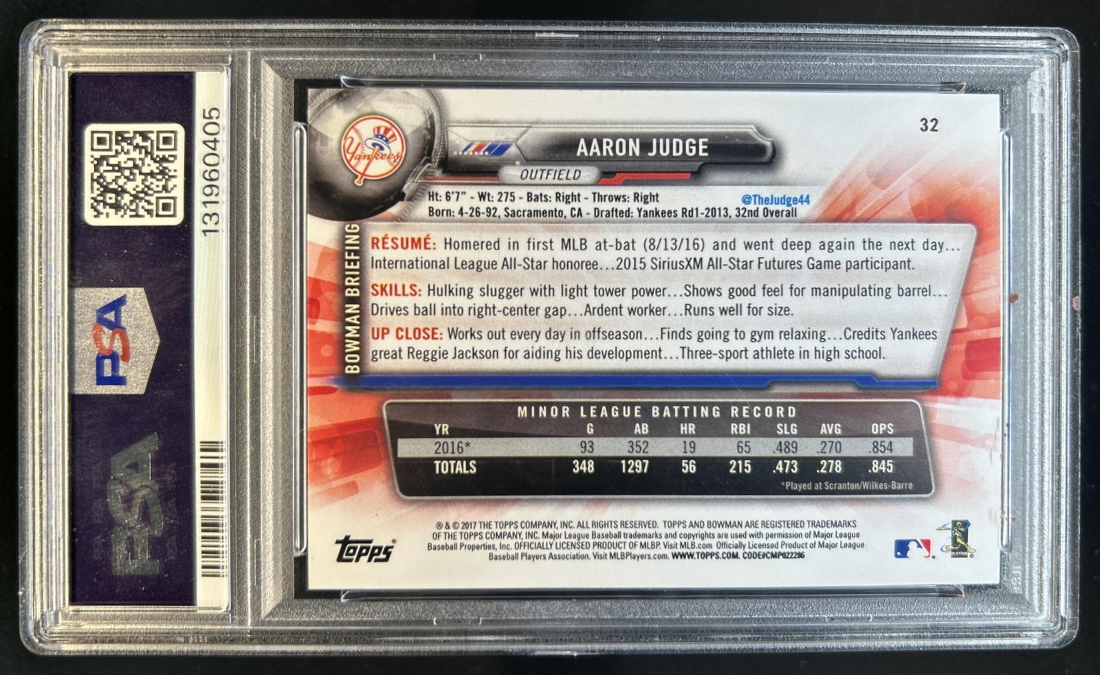 2017 Bowman Aaron Judge RC Rookie #32 New York Yankees PSA 8 view 2