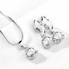 925 Silber Schmuck Set Halskette Kette Anhänger Ohrringe Rund Frau Damen Mode