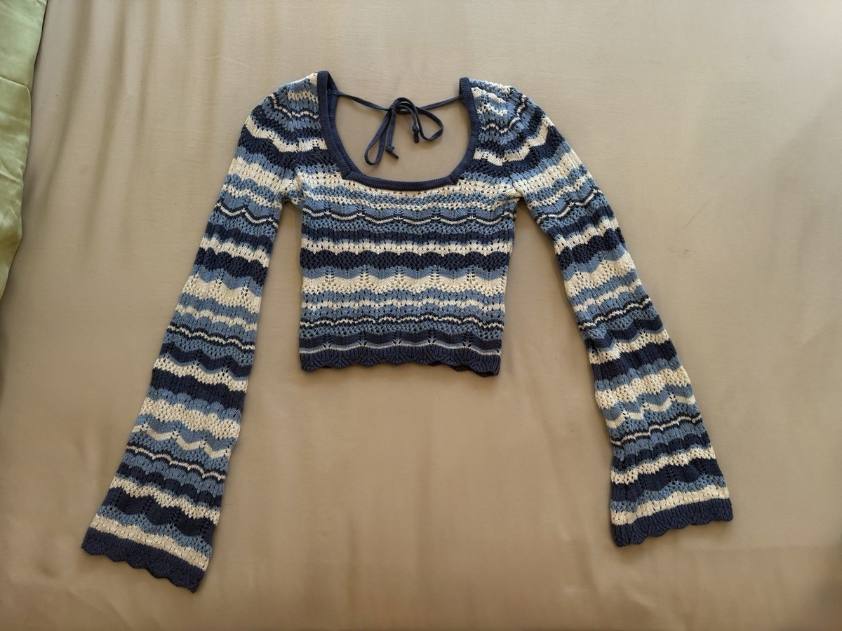 Hollister Knit Striped Bell Sleeve Pullover Sweater XS Blue White