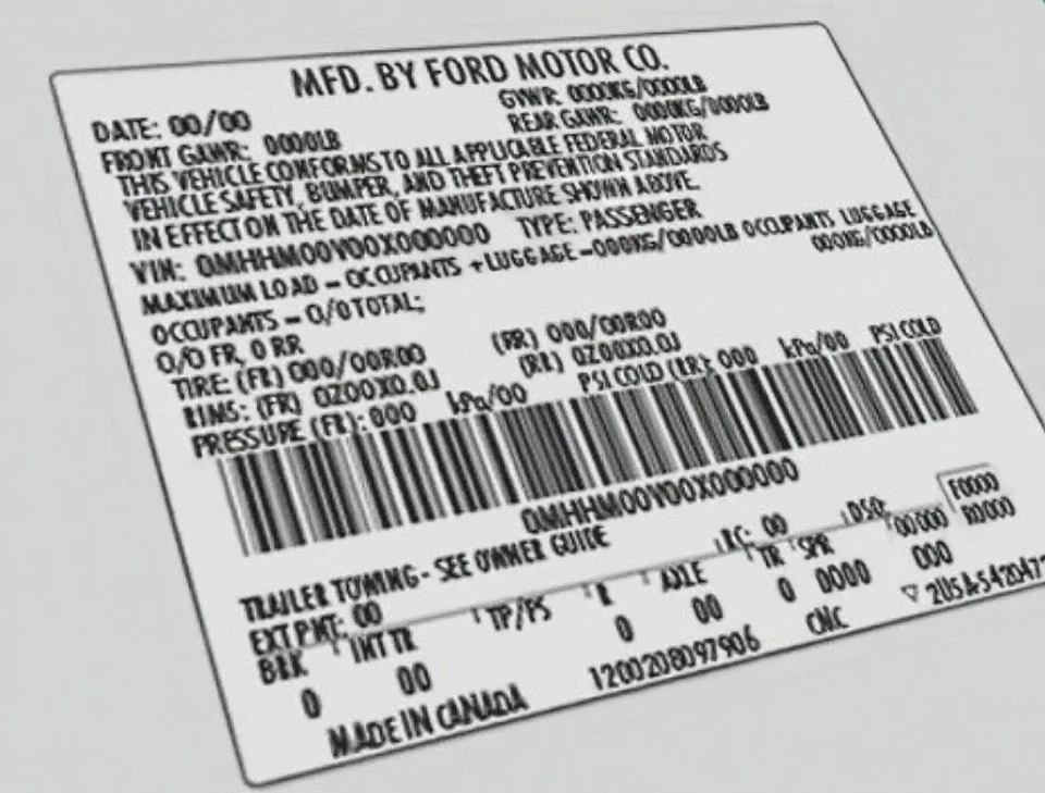 Ford SET VIN, Painted Door Jamb Edge Tire Pressure VIN Stickers Id Info Data - Image 2 of 2