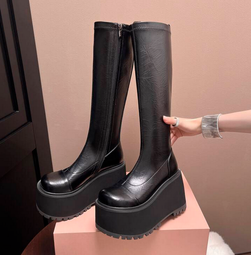 Womens Real Leather Round Toe Platform Thick Sole Knee High Boots Elastic Shoes - Bild 3 von 12