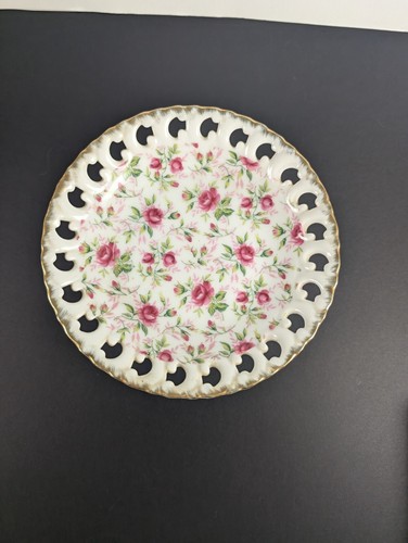 Vintage Lefton Pink Roses Floral Chintz Footed Plate Pedestal Serving Dish - Picture 3 of 11