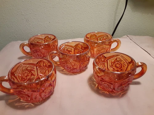 5 Beautiful Vintage Gold/Orange Carnival Glass Tea Cups-3 x 2 1/2-Dinning (C)