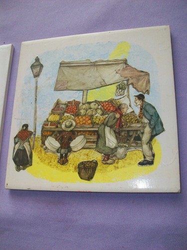 Decoupage 6 x 6 " white Ceramic Tiles (2) 3-D Farmer's Market-Produce Stand - Picture 3 of 4