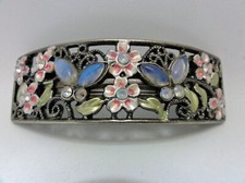Vintage Barrette Pastel Floral Enamel with Rhinestones Hair Clamp Pink and Blue