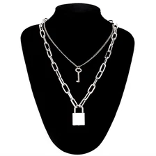 Double Layer Chain Necklace Lock Pendant Silver Punk Gothic Fashion