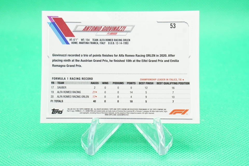 (4 Cards) 2021 Topps Chrome F1 Base F1 Racers #53 Antonio Giovinazzi SD9 - Image 4 of 4