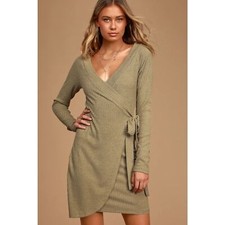 LULUS All My Wisdom Pale Olive Green Ribbed Faux Wrap Dress Size S