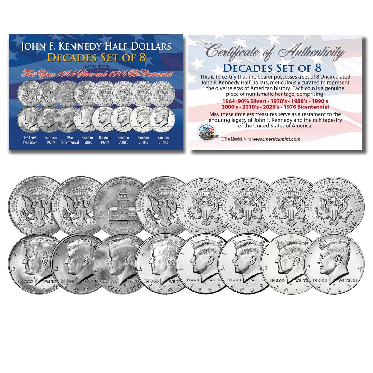 JFK Half Dollars Decades Collection 8-Coin Complete Set of 8 YEARS