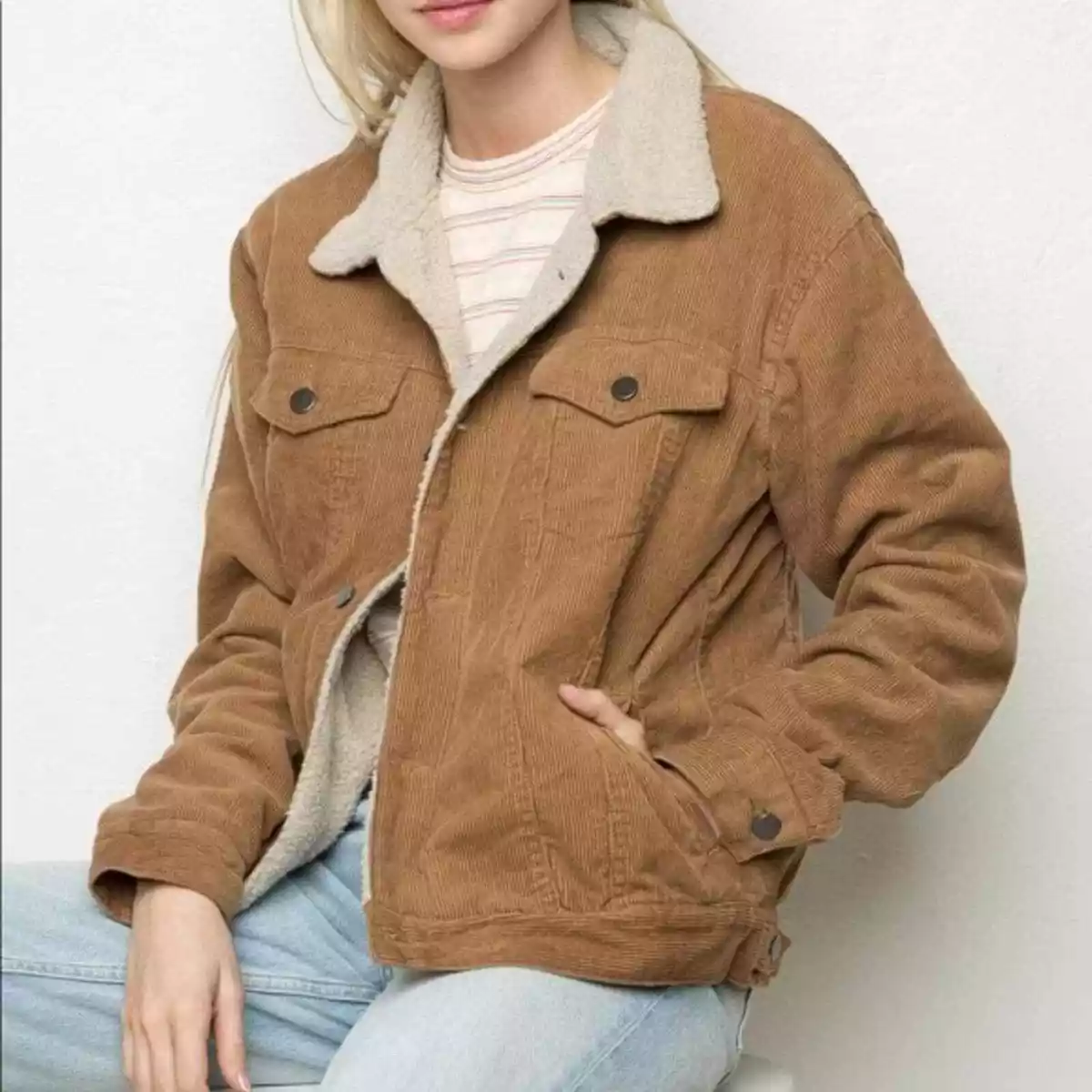 Brandy Melville John Galt Tan Corduroy Sherpa Lined Jacket