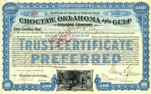 Choctaw, Oklahoma and Gulf Railroad Co. - 1899-1910 dated Railway Stock Certific - Picture 1 of 1