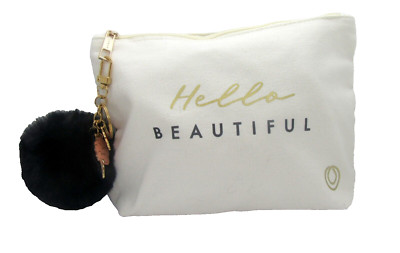 Monat Hello Beautiful Makeup Bag with Black Pom Pom Key Chain and 3 Charms
