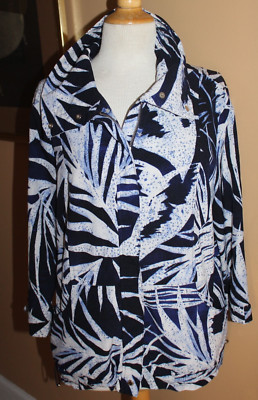 Chico's Zenergy Sz 2 L Art-to-Wear Floral Funky Blue Yoga Active Zip Jacket