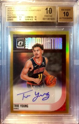 TRAE YOUNG 2018-19 OPTIC DOMINATORS GOLD PRIZM AUTO #/10 BGS 10