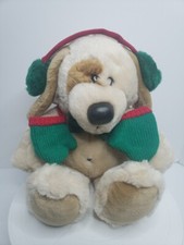 Dakin 1988 Tan Puppy Dog Plush Winter Bowtie Mittens Earmuffs Green Red Stuffed