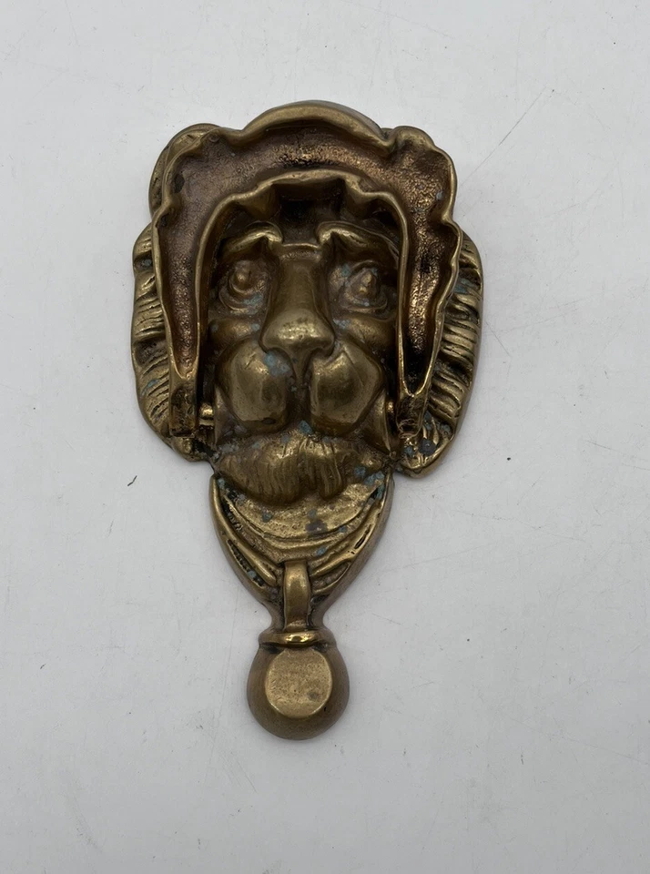 Brass Door Knocker Vintage Lions Head Green Petina - image 2 of 4