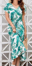NEW Fimrreo Women's V Neck Tiered Boho Floral Print Maxi Dress Size 2XL