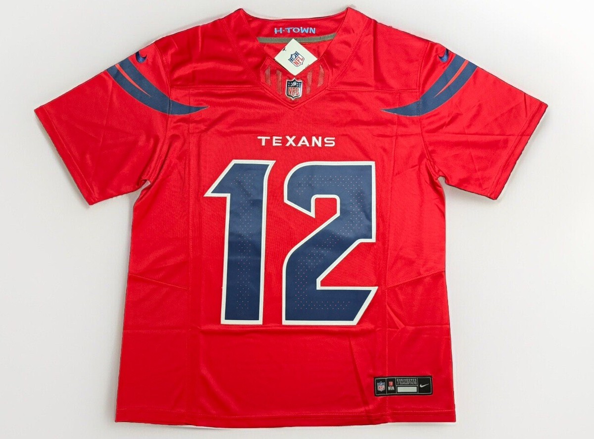 Large Nico Collins #12 Vapor FUSE Jersey Battle Red Elite Quality