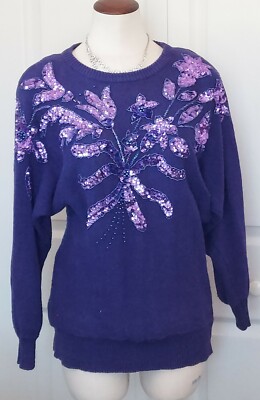Cristina Vintage Beaded Sequined Purple Sweater Long Sleeve Crew