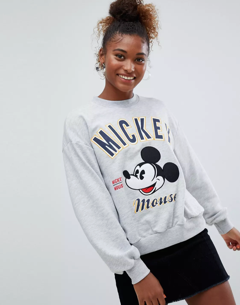 Bershka Women's Mickey Mouse Graphic Print Sweatshirt in Grey