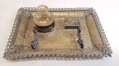 Antique Pen Rest Tray W/ Inkwell & Box Art Nuevo Victorian Desk Top Writing Set