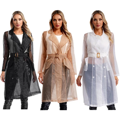 Womens Coat See Through Trench Notch Lapel Jackets Ladies Outerwear Cropped- - Picture 7 of 60