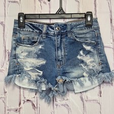 American Eagle Jean Shorts Blue Distressed Stretch Frayed Denim Women Size 0