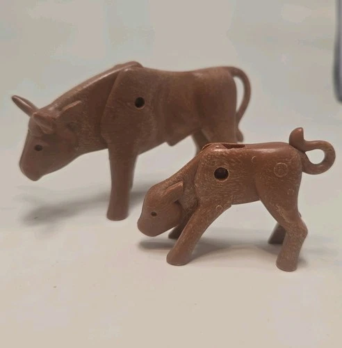 Playmobil Longhorn Cows Adult Cow Baby Calf Brown Farm Animal Herd 3749 3801 VTG
