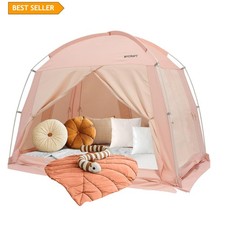 Bed Tent Canopy Privacy Light-Reducing 4 Doors Queen Pink Polyester Cotton Sleep